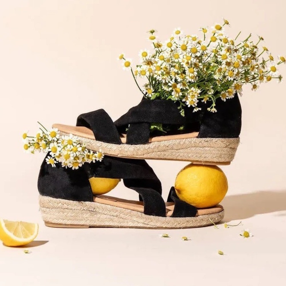 Patricia Green Eliza Black Suede Platform Wedge Espadrille Sandal Womens 7 Spain
